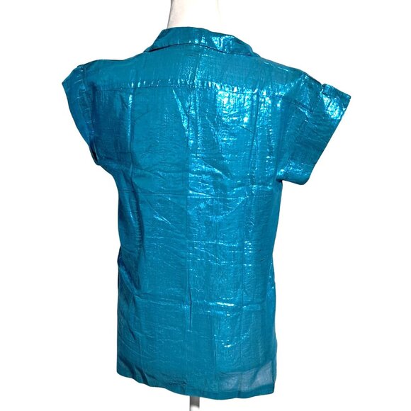 Vintage Blue Top Womens Size 3 Metallic Button Up Short Sleeve Shirt by Nina NOS - Picture 2 of 14